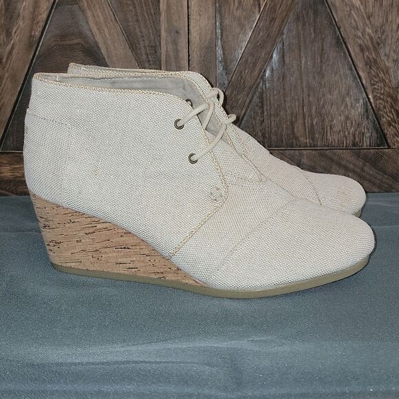 Toms Desert Wedge Booties Natural Metallic Linen 691115 Womens Size 12 - Picture 1 of 13